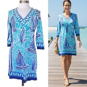 Barbara Gerwit Sailboat Jersey Tunic Mini Dress Medium Blue Nautical Coastal